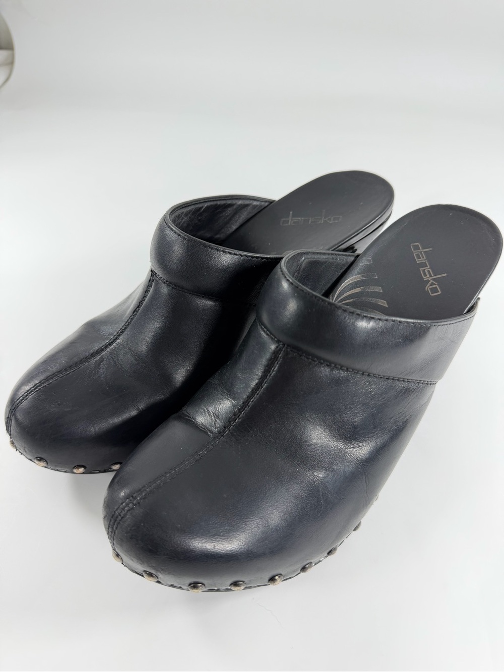 Dansko Black Leather Clog Mules Stapled Block Heel Comfort Shoes EU 39